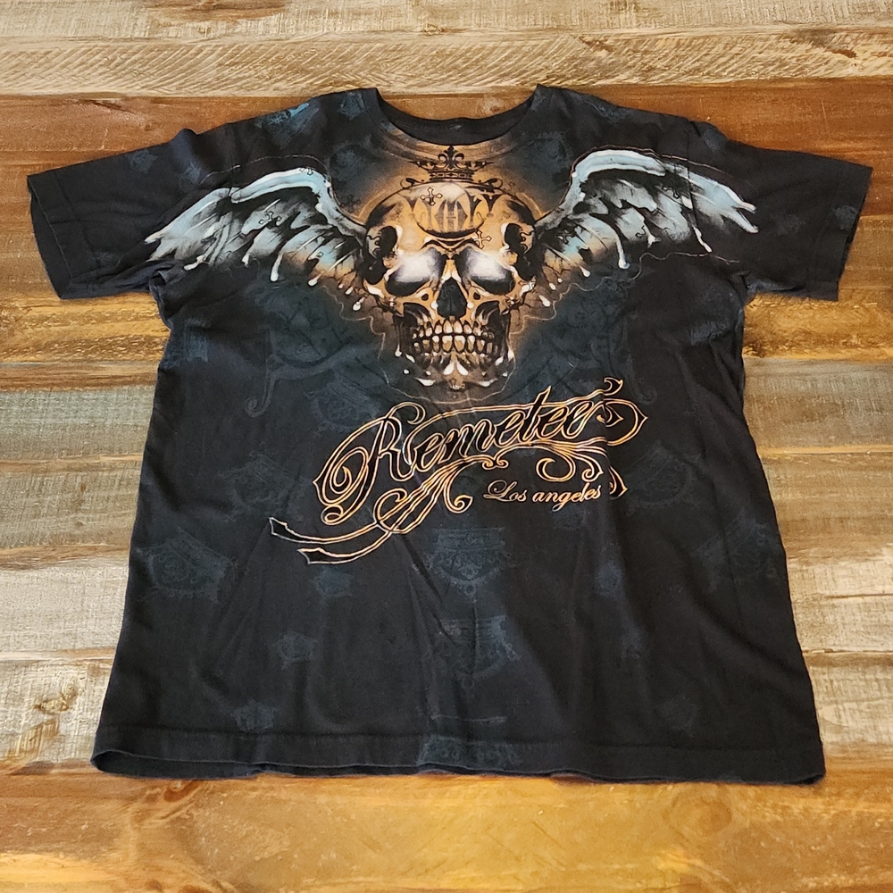 Y2K Affliction Style T-Shirt with Skull and Wings